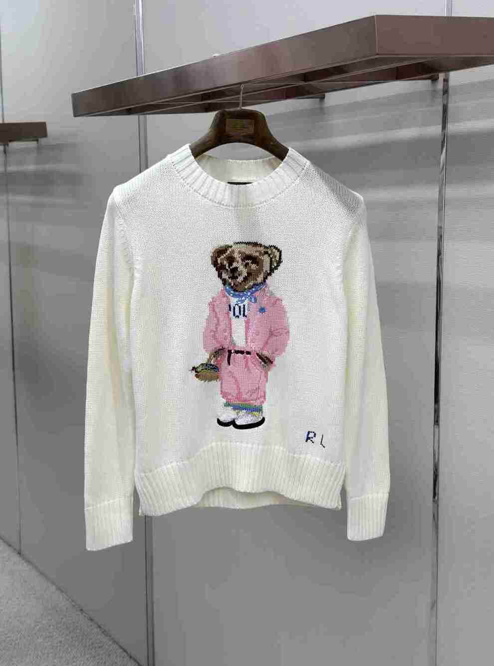 Polo Ralph Lauren Pink Suit Lady Polo White Crew Neck Knit Sweater